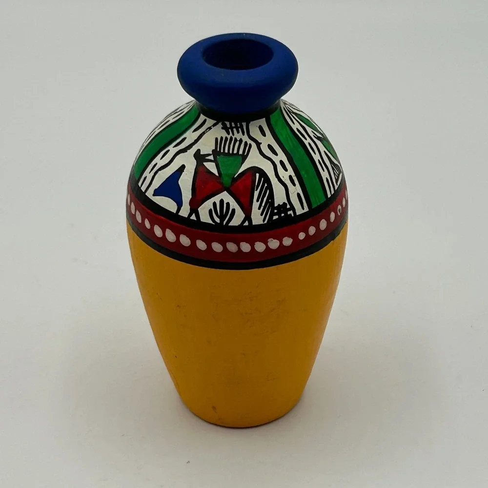 Terracotta Hand Painted Flat Warli Miniature Bud Vase Colorful Indian Tribal Art